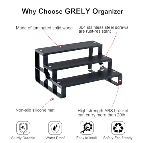 GRELY Waterproof Wooden Perfume Cologne Organizer for Men, 3 Tier 11.2 Inch Compact Stand with ABS Frame, Anti-Slip for Dresser Bathroom (Black, 3 Tier 11.2") - size: 3 Tier 11.2"
