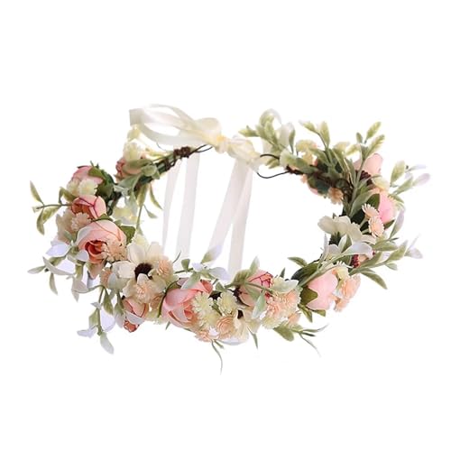 Colorful Rose Flower Crown Wreath Festival Wedding Flower Crown Photo Props Rose Green Leaf Floral Headpiece Hair Wreath Spring(Besige) - color: Besige