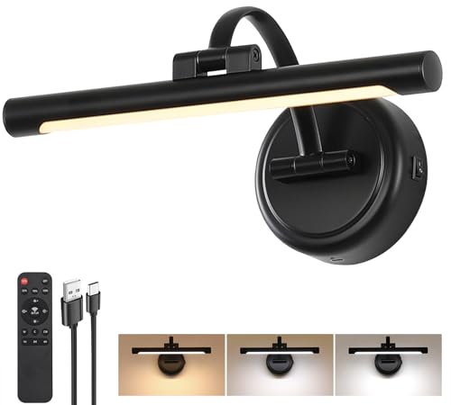 Tassuowell Rechargeable Picture Light for Wall, Cordless Art Lights Battery Operated, Dimmable Wall Light with Remote & Timer, 3 Color Modes for Paintings, Gallery, Artwork(Black, 12inch) - color: Black, size: 12inch