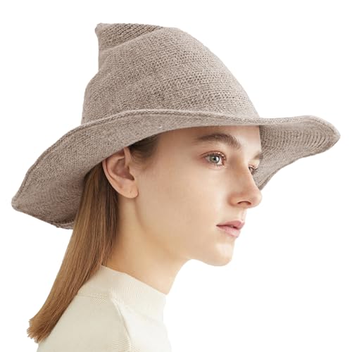 Halloween Witch Hat for Women Wide Brim Foldable Wizard Hat Wool Knit Pointed Cap Cosplay Costume Accessory - color: Khaki