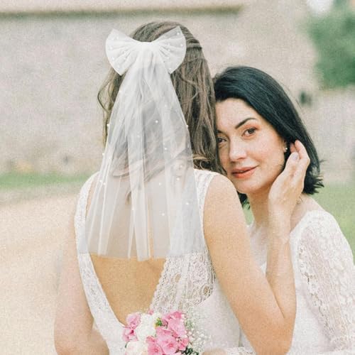 White Bridal Veil Hair Bow Clip with Faux Pearls Double-layer Bow Wedding Accessory for Bride Engagement Photoshoot