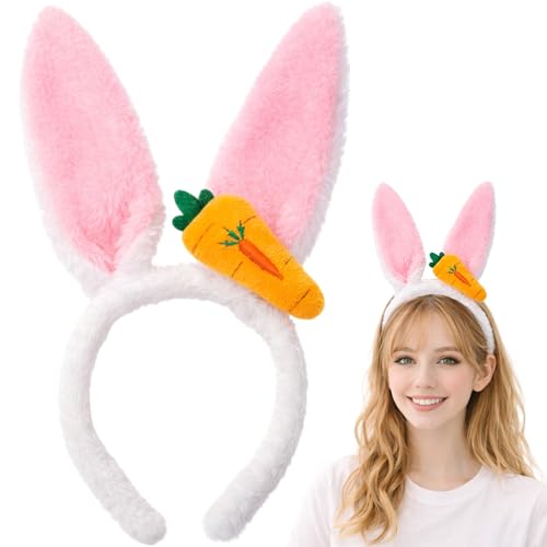 Bunny Ears Headband, 5.1 x 11 in White Fluffy Plush Bunny Ear Headband with Carrot Accent for Cosplay Costumes Easter Bunny Ears Dress Up Photo Props, Soft Rabbit Ears Easter Headbands Adult
