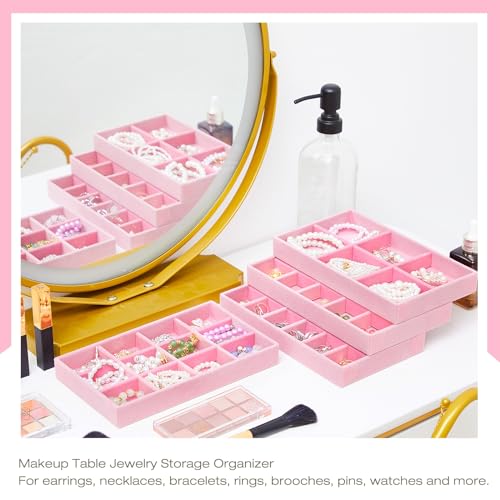 Junkin 12 Pcs Jewelry Tray Velvet Stackable Jewelry Organizer Trays Divided Earring Accessories Storage Containers Box (Rose Red) - color: Pink