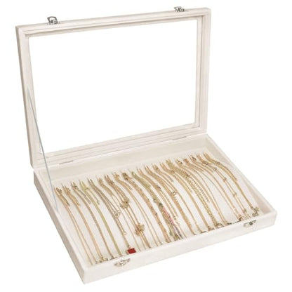 Siveit Necklace Organizer Box Premium 20 Hooks Velvet Necklace Display Jewelry Tray with Transparent Lid Jewelry Necklace Display Box for Necklace Pendants Suitable for Women and Girls (Beige) - color: Beige