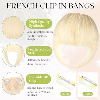 Bangs Hair Clip in Bangs, French Bleach Blonde Fake Bangs Hair Clip on Bangs for Women Fringe with Temples Hairpieces Faux Bangs for Daily Wear - color: Bleach Blonde