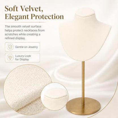 Necklace Display Stand For Selling Velvet Chain Jewelry Bust Holder Organizer With Stainless Steel Stand Jewelry Display - color: Beige-White-9.84in