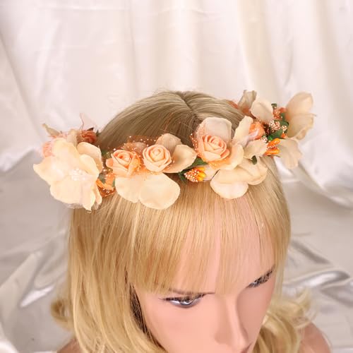 Adjustable Flower Crown Headband for Women - Floral Garland Hair Wreath with Crystal Accents Perfect for Weddings Flower Wands Photo Props (Pink Flower Green, Adjustable) - color: Pink Flower Green