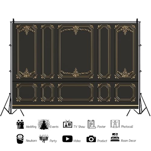 5x3ft Ancient Palace Wall Backdrops for Photography Black Gold Retro Wall Texture Old Castle Living Room Photography Background Baby Shower Graduation Wedding Birthday Photo Prop - color: black, size: 5x3ft