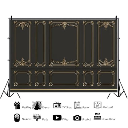 5x3ft Ancient Palace Wall Backdrops for Photography Black Gold Retro Wall Texture Old Castle Living Room Photography Background Baby Shower Graduation Wedding Birthday Photo Prop - color: black, size: 5x3ft