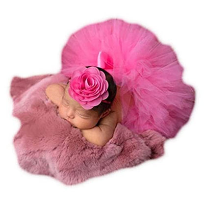 Baby Photography Props Boy Girl Photo Shoot Outfits Newborn Lovely Costume Tutu Dress Flower Headband - color: Mei Hong