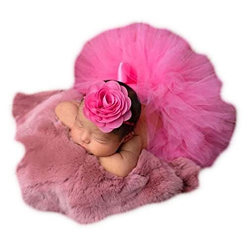 Baby Photography Props Boy Girl Photo Shoot Outfits Newborn Lovely Costume Tutu Dress Flower Headband - color: Mei Hong