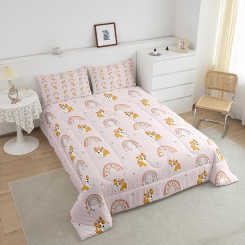 Dog Comforter Set for Kids, Cute Pug Rainbow Bedding Set Twin, Cartoon Love Heart Down Comforter for Boys Girls Children Bedroom, Cartoon Animal Puppy Quilted Duvet 2Pcs with 1 Pillow Case, Pink - color: Multi 36, size: Twin