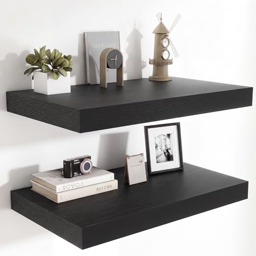 Heimlove 24 x 12 Inch Deep Floating Shelves Wall Mounted with Invisible Brackets,Storage Hanging Shelf for Wall Decor in Bathroom, Bedroom, Toilet, Kitchen, Living Room, Office Set of 2 (Black) - color: Black, size: 24"W x 12"D x 2"H, Set of 2