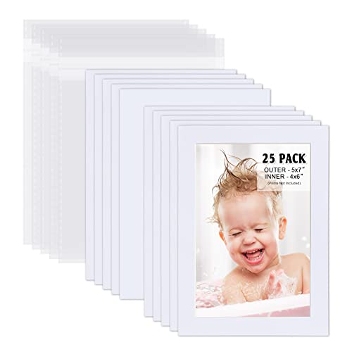 Egofine Pack of 25 White Pre-Cut 5x7 Picture Mat for 4x6 Photo with White Core Bevel Cut Mattes Sets. Includes 25 High Premier Acid Free Mats & 25 Backing Board & 25 Clear Bags - color: White-5"x7" Pack of 25 Complete Set