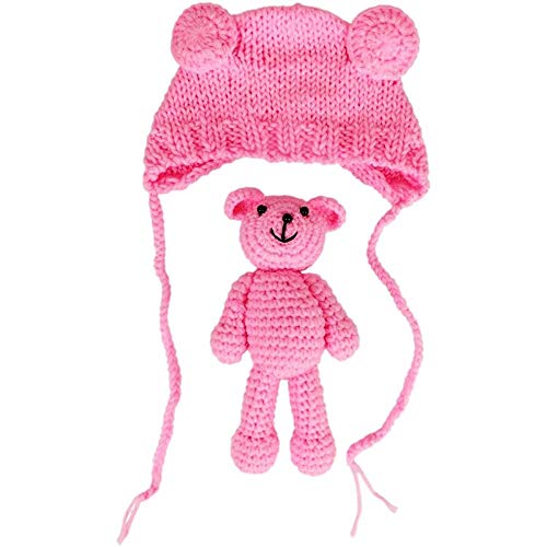 Newborn Baby Photo Shoot Props Boys Girls Crochet Knitted Hat Bear Hat Beanie with Bear Dolls Photography Props - color: Pink