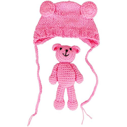 Newborn Baby Photo Shoot Props Boys Girls Crochet Knitted Hat Bear Hat Beanie with Bear Dolls Photography Props - color: Pink