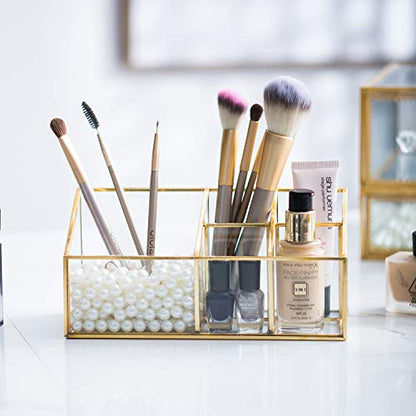 Golden Vintage Glass Box Clear Glass & Brass Metal Storage Jewelry and Cosmetic Makeup Brush Lipstick Holder Organizer Beauty Display with 5 Compartment