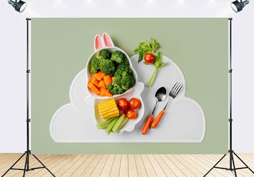 Trykid 7x5ft Kids Vegetable Meal Backdrop Bunny Shaped Plate Carrot Utensils Photography Background Children’s Party Food Decor Party Decoration Photo Booth Prop Fabric - size: 7x5ft