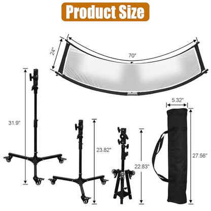 Clamshell Light Reflector Diffuser with Rolling Stand and Carrying Bag, 70"x24"/180x60cm Arclight Curved Lighting Reflector for Photo Studio Photography with White/Gold/Silver/Black Colors by MCCKLE