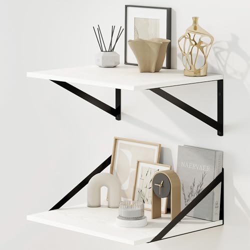 Fun Memories Floating Shelves for Wall, 12 Inch Deep Floating Shelves Set of 2, 16W x 12D Large Wall Shelf with Sturdy Metal Brackets for Living Room, Bathroom, Bedroom and Kitchen, White - color: A-white, size: 16"W x 12"D