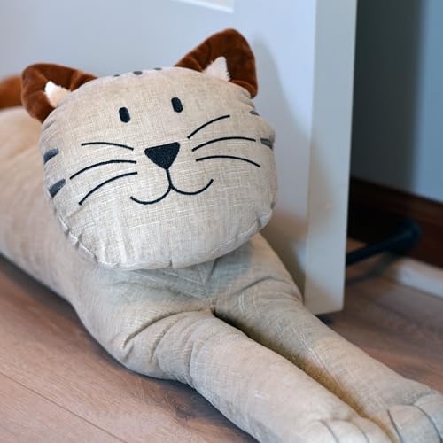 Kitty Cat Draught Door Stopper, Soft Beige Grey Flax Linen and Cotton, Curly Brown Ears and Tail, 29.75 Inches Long, 4.75 lbs. - color: Beige