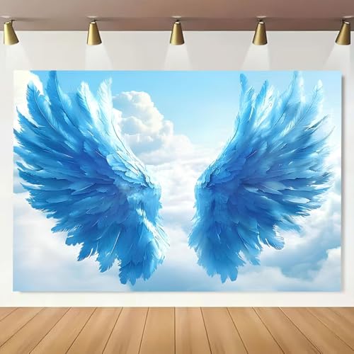 Blue Big Angel Wings Backdrop Fantasy Sky White Cloud Holy Heaven Sent Baby Shower Decorations for Adult Birthday Wedding Party Decoration Boy Girl Artistic Portrait Photo Studio Props (A, 5X3FT) - color: A, size: 5X3FT