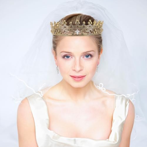 LOGOFUN Antique King Crowns Vinatge Royal Style Headband Photo Props with Rhinestones for Adult Birthday Celebrations Prom Events - Golden