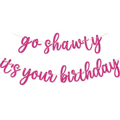 Go Shawty It's Your Birthday Banner, Hip Hop Birthday Party Decorations Supplies, Rap Theme Bday Bunting Sign, Pre-strung, Photo Props (Pink) - color: Pink