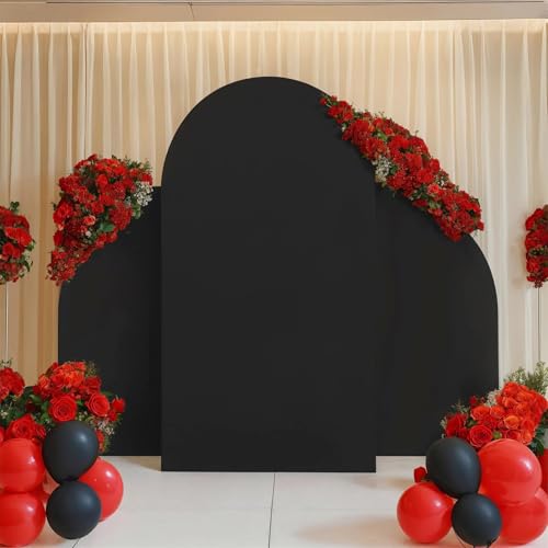 Set of 3 Wedding Arch Backdrop Cover - High Elasticity Fitted Round Top and Half Moon Double Sided Backdrop for Wedding Baby Shower Birthday Decoration (5ft 7.2ft 5ft) - color: Black
