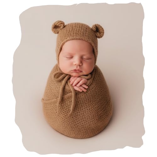 Baby Photography Props Infant Boy Girl Outfits - Crochet Knit Mohair Wrap Blanket & Bear Hat for Newborn Photo Shoots (Khaki) - color: Khaki