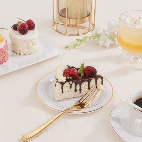 bUCLA 200PCS Gold Plastic Plates - 6.25inch White with Gold Trim Disposable Salad/Dessert/Appetizer/Small Cake Plates, Ideal for Wedding & Party - color: 6.25Inch-200pcs-Gold