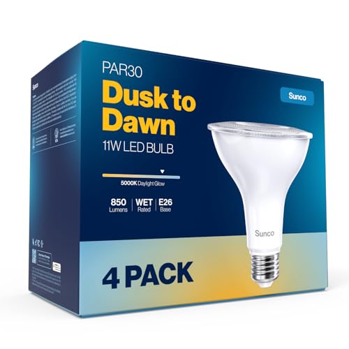 Sunco 4 Pack PAR30 LED Dusk to Dawn Light Bulbs, 850 Lumens, 11W, 5000K Daylight, Non-Dimmable, E26, Wet Rated Outdoor Flood Light Bulb with Photocell Sensor, for Porch, Patio, Backyard, UL - color: 5000k Daylight