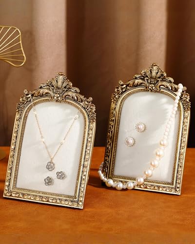 Wonderjune 2 Pcs Gold Jewelry Display Stand Vintage Necklace Organizer Ring Holder Earring Tray Resin Jewelry Photography Props Frame with Velvet Backing for Gifts(White,Small,Elegant) - color: White, size: Small, style: Elegant
