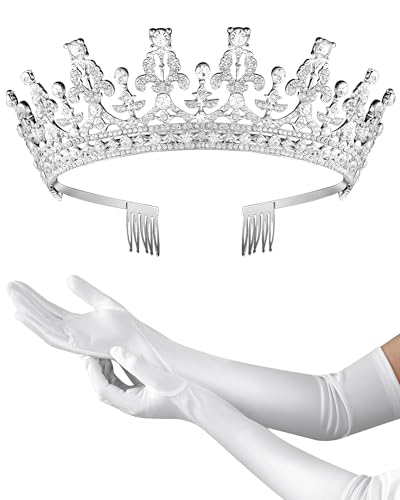 Princess Tiara Crown with Satin Gloves Set Crystal Headpiece for Graduation Prom and Party Photo Props - color: Silver, style: C
