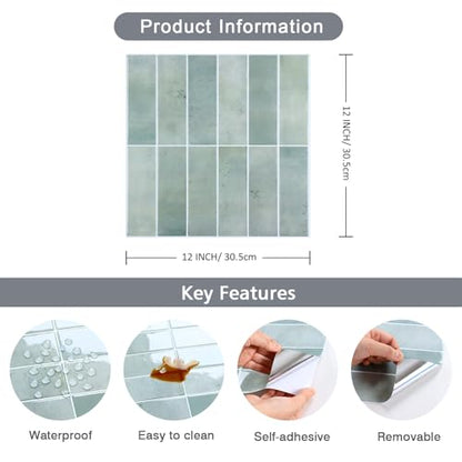 CHIHUT 16 Sheets Mint Green Peel and Stick Backsplash Tiles 12"x12" Glossy 3D Rectangular Self Adhesive Tiles for Kitchen Backsplash Removable Waterproof Renter Friendly Vinyl Backsplash Panels - color: Green, size: 16 Tiles