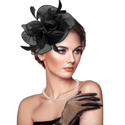 Fascinators Hats with Gloves Set for Women 20s 50s Cocktail Tea Party Wedding Costume Headwear - color: 03-black
