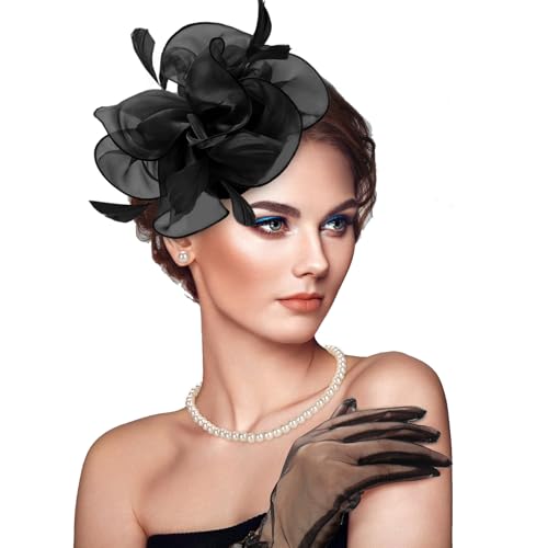 Fascinators Hats with Gloves Set for Women 20s 50s Cocktail Tea Party Wedding Costume Headwear - color: 03-black