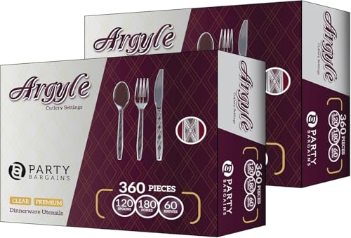 PARTY BARGAINS Argyle Settings Clear Plastic Cutlery Set 720‑Piece – 360 Forks, 240 Spoons, 120 Knives – Heavy‑Duty Disposable Utensils for Parties, Weddings, Buffets, BBQs & Catering – BPA Free - color: Argyle Clear, size: 720 Pieces