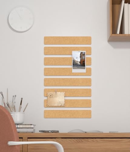 Cork Board Strips for Walls, 13" x 2" Felt Bulletin Board Bar Strip, 8 Pack Long Pin Board with Push Pins and Clips for Picture Photos, Camel - color: Camel