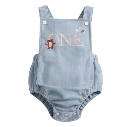 IMEKIS Baby Girls Boys Boho 1st Birthday Outfit Backless Overalls Romper for Cake Smash Photo Shoot - color: Blue Bear One, size: 12-18 Months