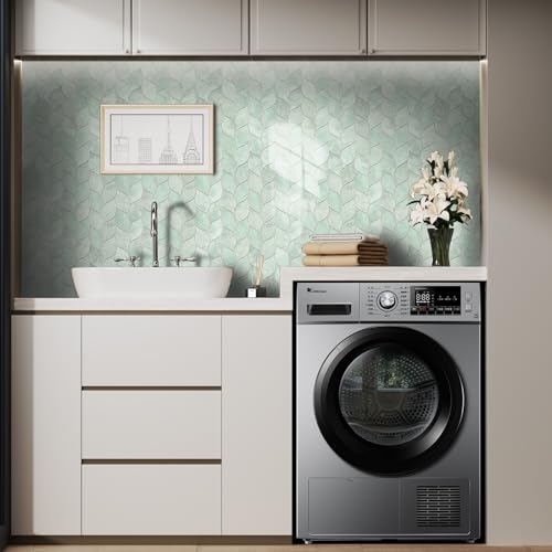 Tilingview 10-Sheet Peel and Stick Backsplash Tile for Kitchen, Self-Adhesive Mosaic Glossy Leaf Stick on Wall Tile with Gaps (Light Green) - color: Leaf Gaps Light Green
