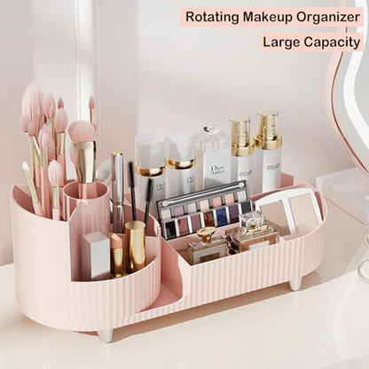 Pink Rotating Vanity Organizer with Brush Holder - Large Spinning Cosmetic Storage, Countertop Makeup & Skincare Organizer, Perfume & Lotions Display Case - color: Pink