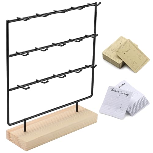 Earring Display Stands for Selling, 3 Tier 15 Hooks Wood Jewelry Organizer Rack for Earrings, Necklaces, Rings, Bracelets, Keychains - Compact for Countertop, Boutique, Trade Shows (Black)