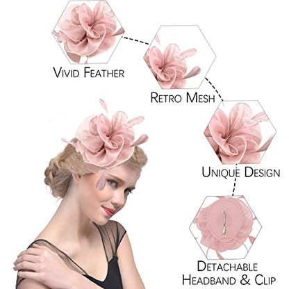 Fascinators Hats with Gloves Set for Women 20s 50s Cocktail Tea Party Wedding Costume Headwear - color: A-pink