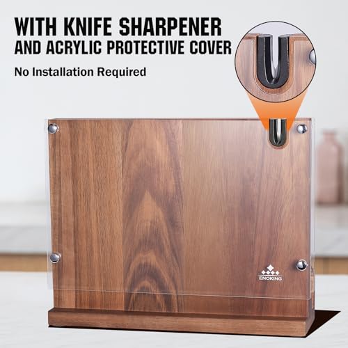 ENOKING Magnetic Knife Block 12.2 x 9.3", Double Sided Magnetic Knife Holde with Knife Sharpener, Acacia Wood Magnetic Knife Stand with Acrylic Shield for Kitchen Countertop - size: 12.2*9.3 inches