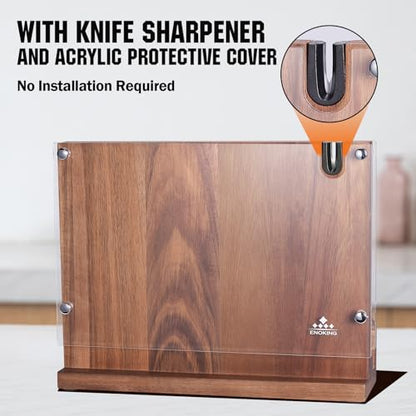 ENOKING Magnetic Knife Block 12.2 x 9.3", Double Sided Magnetic Knife Holde with Knife Sharpener, Acacia Wood Magnetic Knife Stand with Acrylic Shield for Kitchen Countertop - size: 12.2*9.3 inches