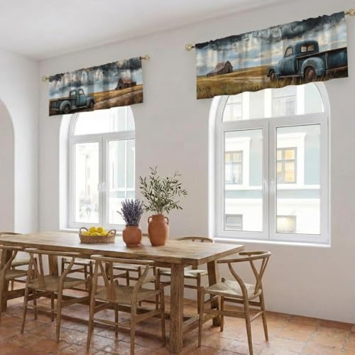 Vintage Truck Curtain, Two-Pack, Rustic Barn Storm Sky Prairie,Applicable to Bathroom, Bedroom, 54x18 inches. - color: Vintage Truck