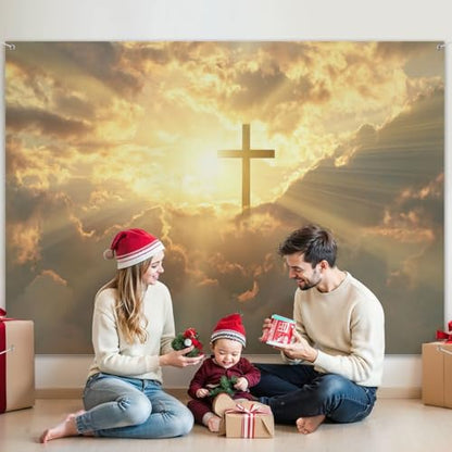 5x7ft Photography Backdrop Christian Cross Appears Bright Gold Sky Photo Backdrop Photography Background for Photoshoot Portrait Video Party Photo Studio Prop Booth - color: Color1
