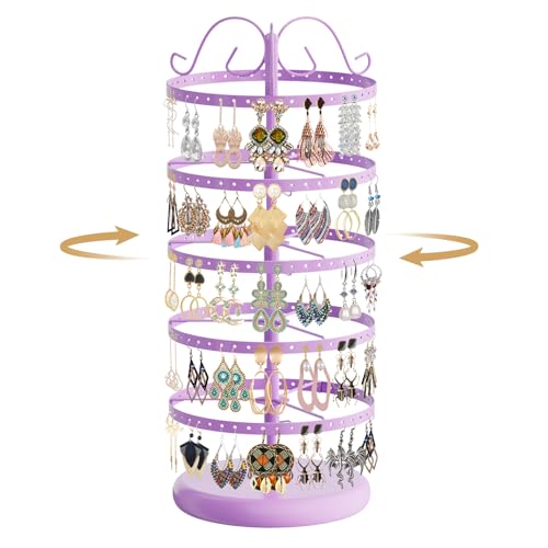 Modowey Rotating Earring Holder Organizer Stand, 5 Tier Metal Tree Display for Women Vendors, 220 Holes Adjustable Jewelry rack for Stud Hoop Dangle Storage, Trendy Carousel Keeps Dresser Neat, Purple - color: Purple, size: 5 Tier, 220 Holes