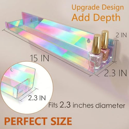 4 Pack 15 Inch Iridescent Acrylic Shelves, Clear Rainbow Floating Shelves for Wall, Modern Sunglasses Essential Oil Picture Ledge Display Toy Storage Wall Shelf - color: 15in-iridescent